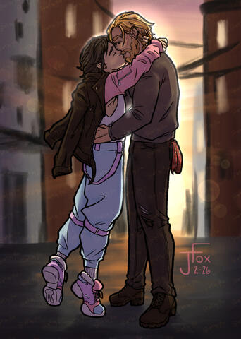 “Sunset Kiss” commission &amp; character design by Mackenzie Smith full body render, +1 subject, abstract background — $90