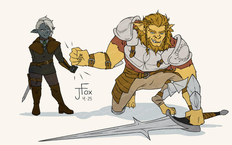 Lelann Belf & Gith Daghur, gnome rogue / bugbear paladin design by Rebecca Woolls full body flats, +1 subject, no background — $70