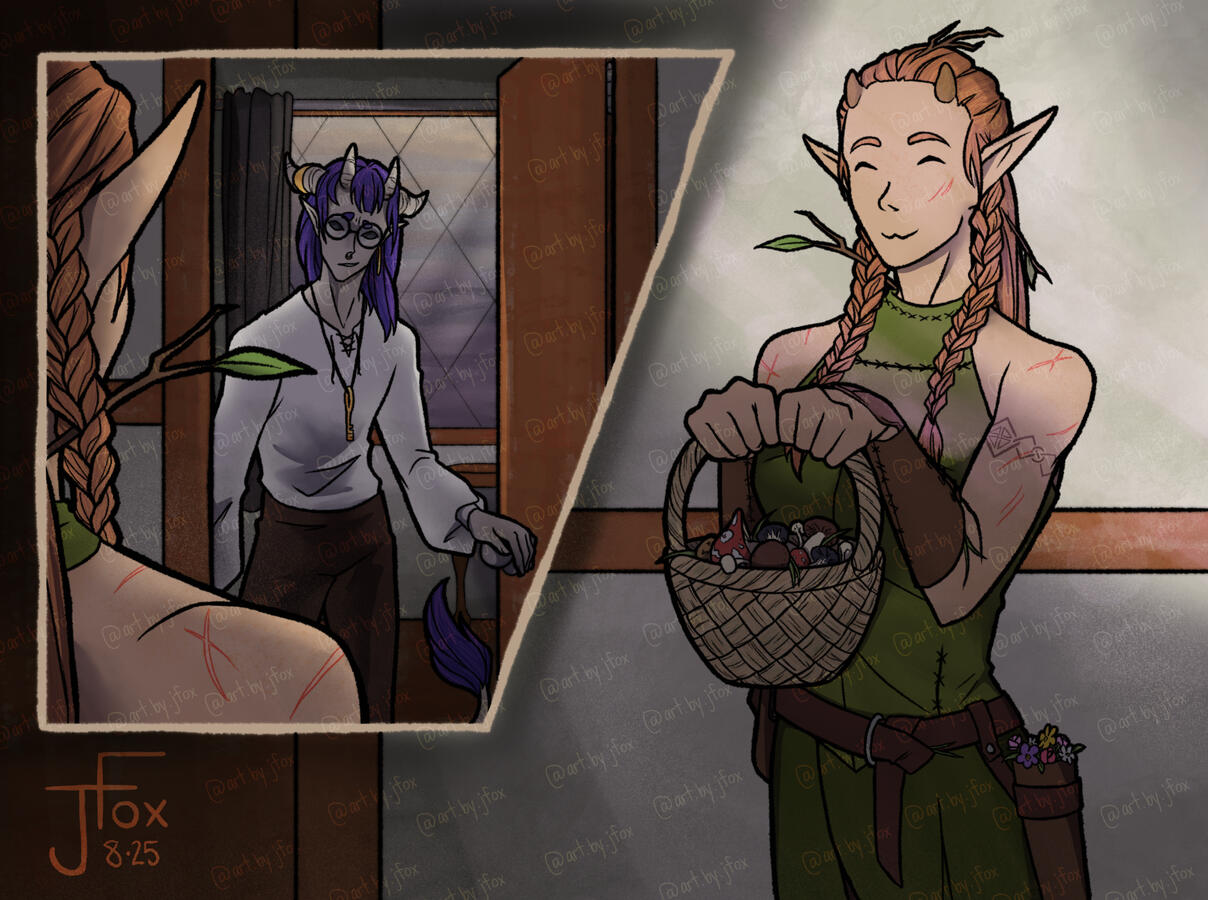 “Morning Forage” commissioned by Becca Woolls, character design by Jaden Rae &amp; Becca Woolls three-quarters, render, +1 subject, scene background — $85