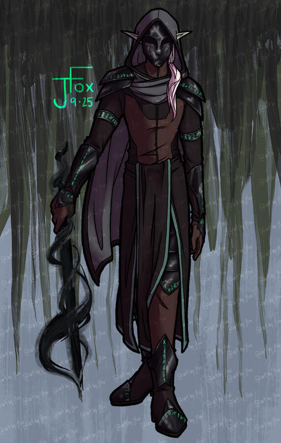 Flynn, shadow elf wizard commissioned by Adventures &amp; Dragons on YouTube full body render, simple background, +$5 for a maskless version — $65