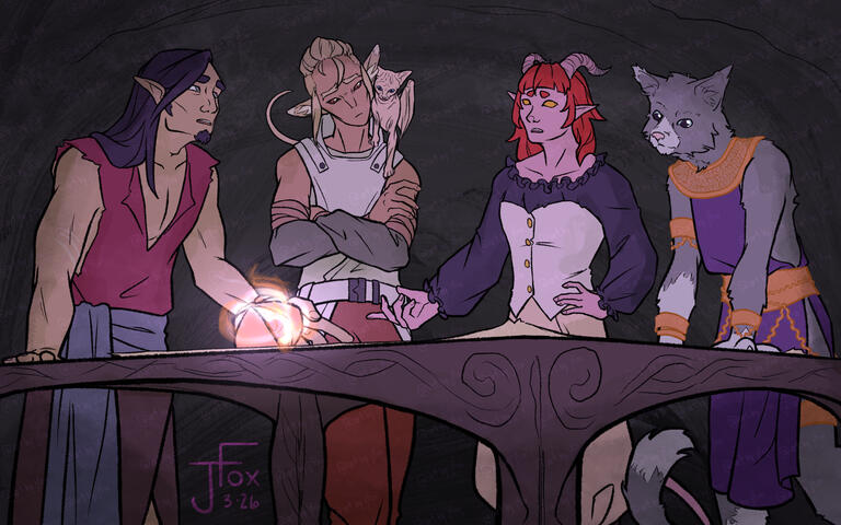 “Interlude I” a custom background of the party I DM for for a session card— character design by Jaden Rae