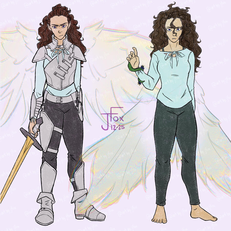 Kirya Seraphim, aasimar fighter character design by Jaden Rae