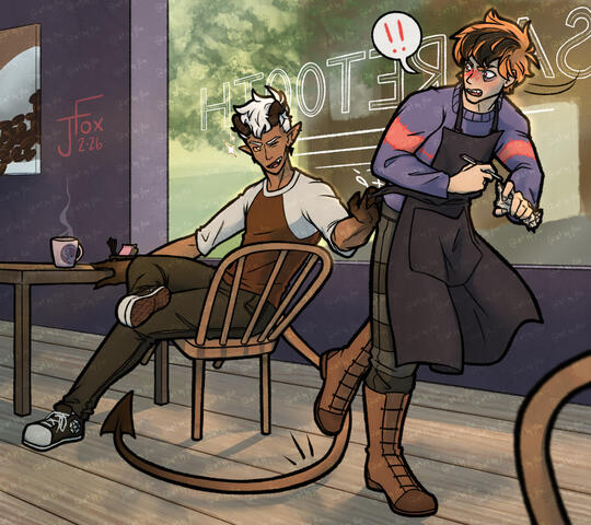 “More Sugar” commission: interaction between Levi and Sy interacting Sy’s own coffee shop full body render, +1 subject, scene background — $100