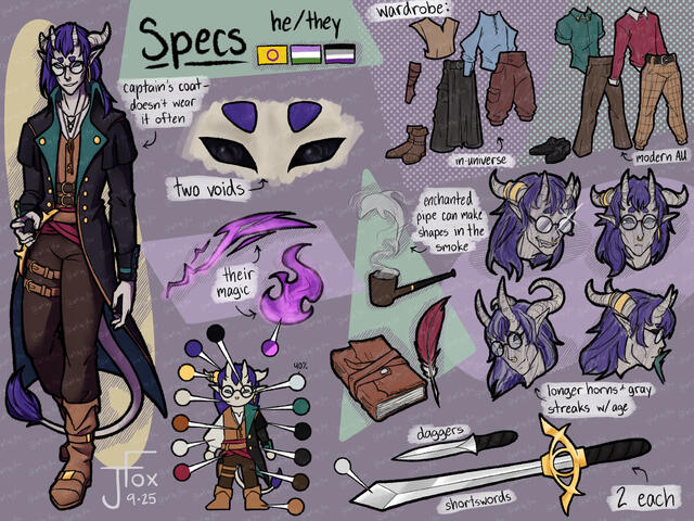 reference sheet for Specs, tiefling rogue/wizard character design by Jaden Rae one character, headshots + fullbody, flats to full render, additional bits — ~$190