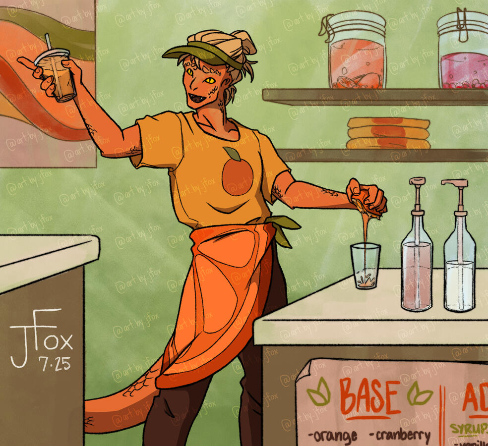 “Order Up!” character by kinn9 on ArtFight, humanoid design by Jaden Rae full body, render, scene background — $80