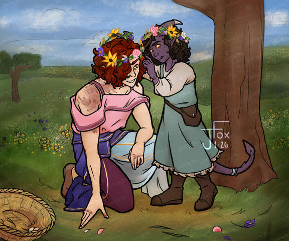 “A Field of Flowers” commission: a soft and nostalgic memory between OCs full body render, +1 subject, scene background — $100