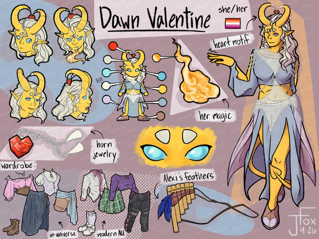 character sheet for Dawn Valentine, tiefling bard character design by Jaden Rae one character, headshots + fullbody, flats to full render, additional bits — ~$190