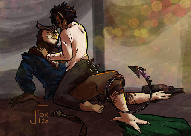 “Down Boy” commission: the beginnings of intimacy between Valkyne and Lewyn full body render, +1 subject, abstract background — $90
