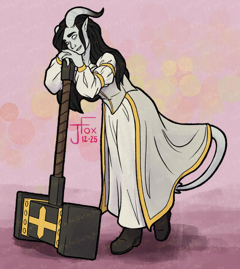 Eleanor Pride, tiefling warlock/sorcerer character design by u/CatActual8269 on reddit full body flats, simple background— $50