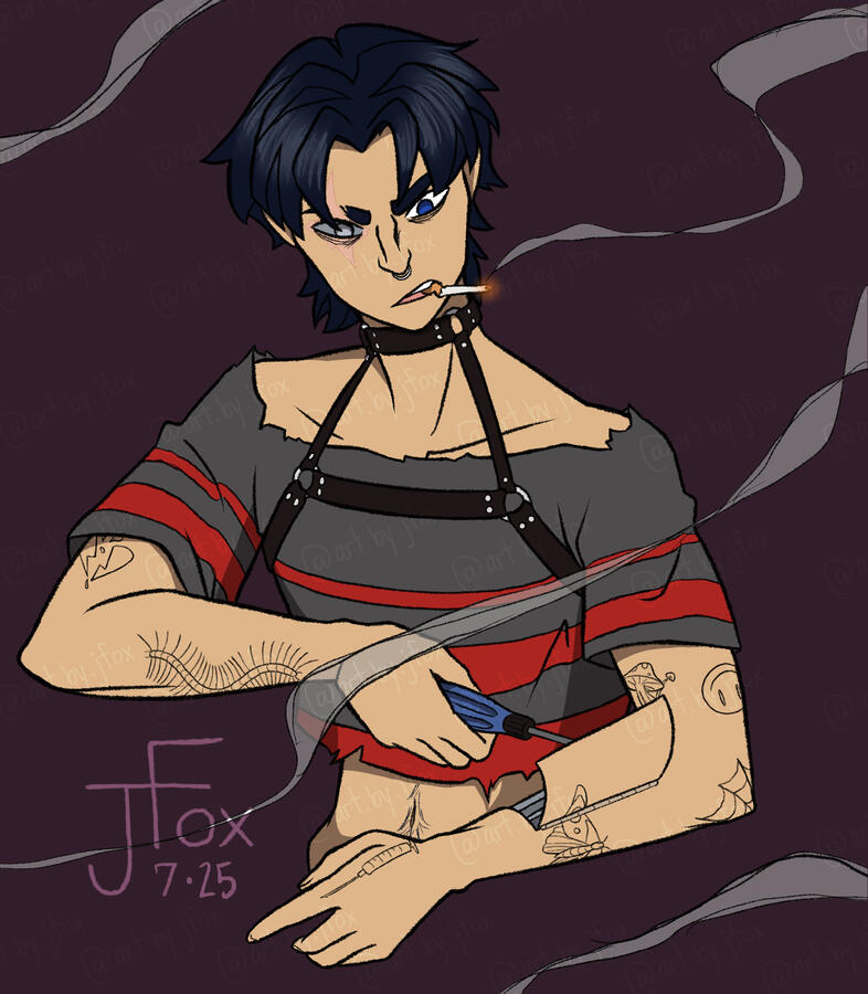 “Down Here at the Pawn Shop” character design by Screeee on ArtFight three-quarters, flats, no background — $40