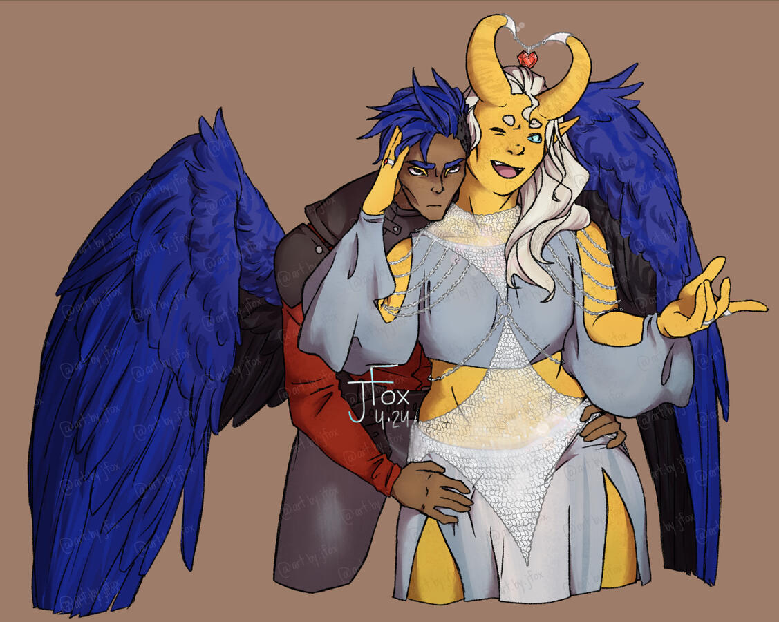 “Try It” — Alexi Grove &amp; Dawn Valentine, aarakokra fighter / tiefling bard design by Jaden Rae three-quarters, render, +1 subject, no background — $65