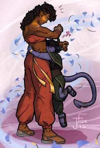 “Love on the Breeze” commission: slow-burn OC couple— half-giant monk &amp; tiefling archivist— in a loving embrace fullbody render, +1 subject, abstract background — $90