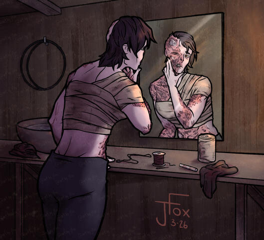 “An Uncracked Mirror” commission and character design by Becca Woolls three-quarter render, +1 bust, scene background — $90