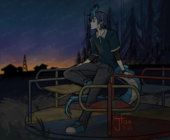 “Sitting, Waiting, Wishing” character design by luciokaze on Twitter full body render, scene background — $80