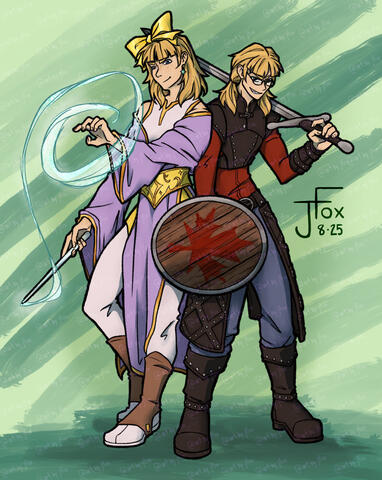“Nellie & Viv” commission: DND character portrait full body render, +1 subject, simple background — $80