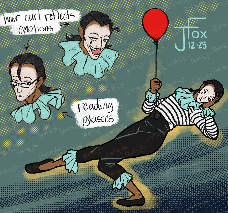 Khamu, klaun OC still in progress character design by Jaden Rae, species by voidedvinyl on Twitch