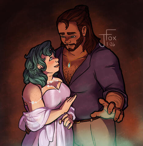 “I Had a Good Teacher” commission: OCs Cillian shows off his learned magic for Chandrelle three-quarter render, +1 subject, simple background — $65