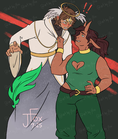 “Poor Guy Doesn’t Stand a Chance” character design by Luna_Buna on TikTok and CrazyCatX on ArtFight three-quarter flats, +1 subject, simple background — $55
