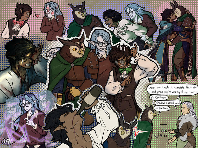 Snapshots of the Amyra Party commission: tableaus of a DND party based on memes, references, and scenes from the table 8 pieces, 3 characters, bust to fullbody, flats to full render — $250