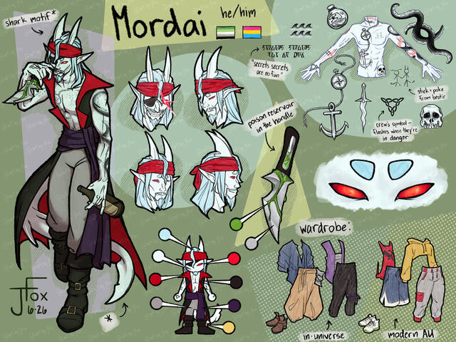 character sheet for Mordai Aacarath, tiefling assassin character design by Jaden Rae one character, headshots + fullbody, flats to full render, additional bits — ~$190